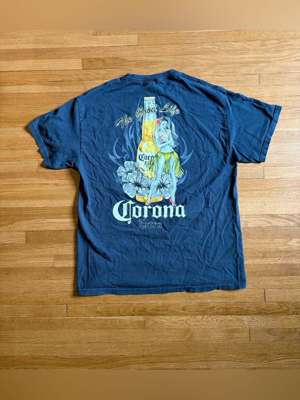 Vintage 2004 Corona Extra The Good Life Hula Girl Beer Promo Tee Y2K Blue Large